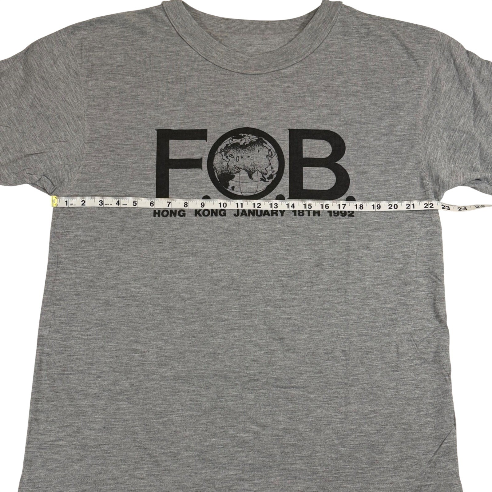 Vintage 1992 FOB Hong Kong Graphic T-Shirt XL Heather Gray January 18th Tee gallery