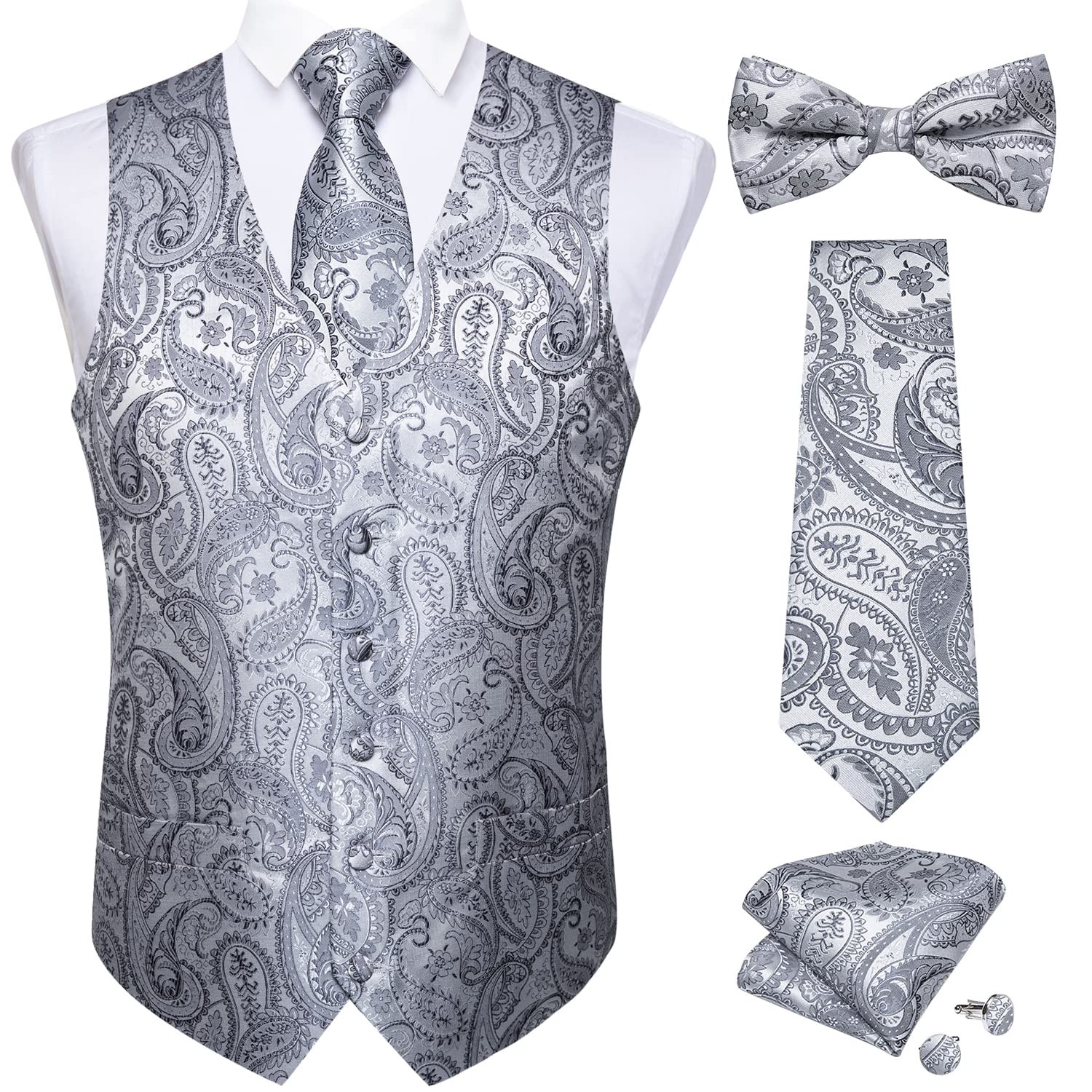 DiBanGu Silver Vest and Tie Sets for Men Suit Vest Paisley Bow Tie and Pocket