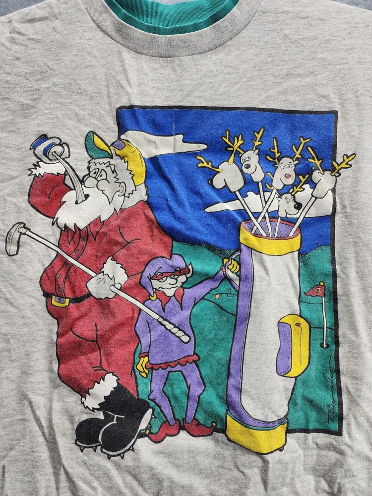 Vinatge Santa Claus Golfing Single Stitch Ringer Shirt Medium Distressed