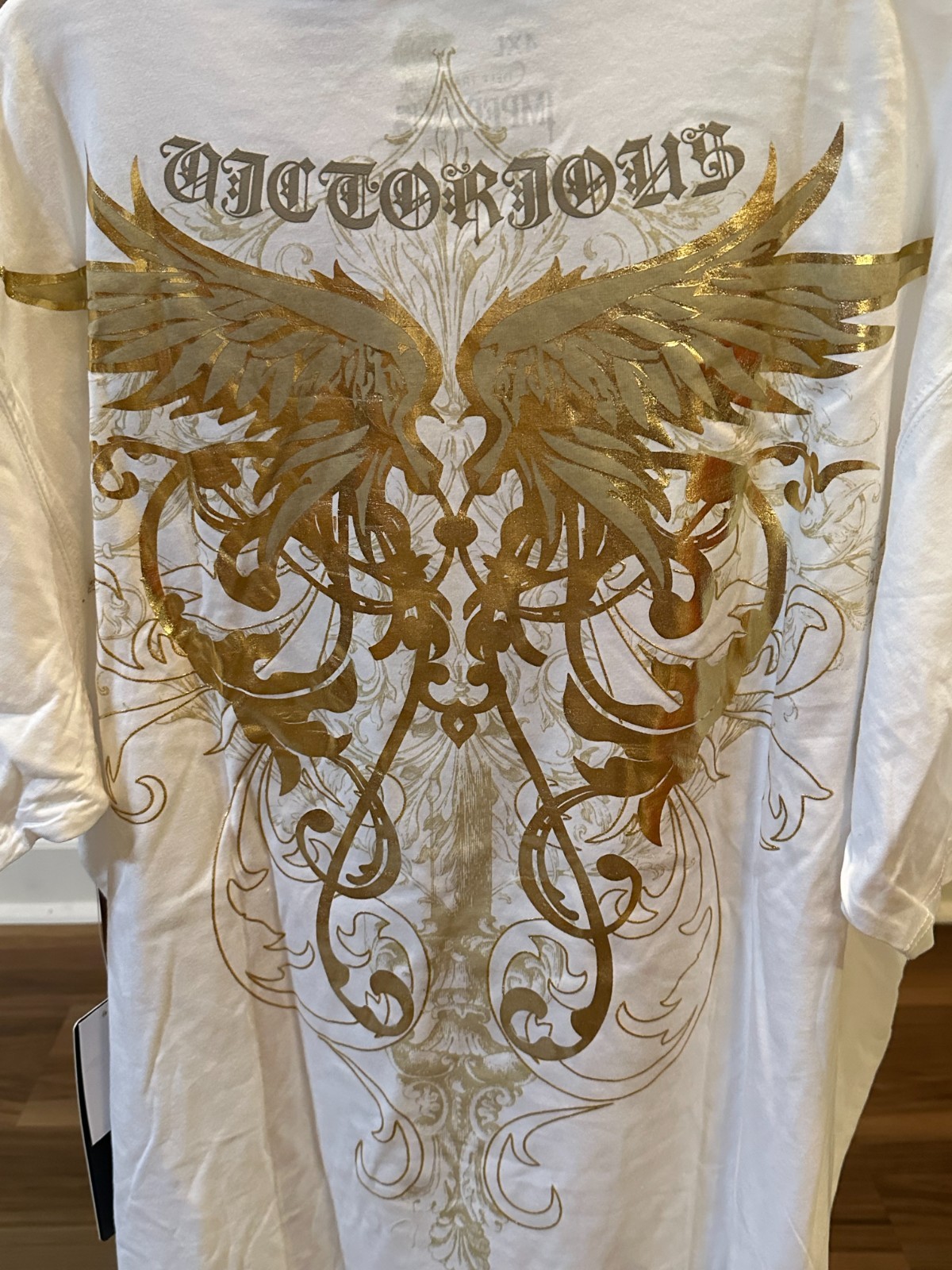 Delf Trading Inc. Imperious Men's Shortsleeve Tshirt White w/ Shiny Gold Design gallery