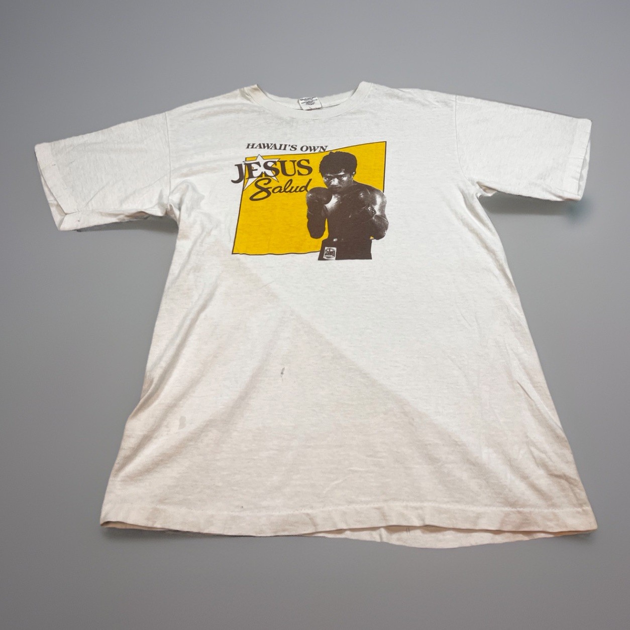 VTG 90’s Jesus Salud Filipino Hawai’i Legend Boxing T Shirt White Sz Large RARE gallery