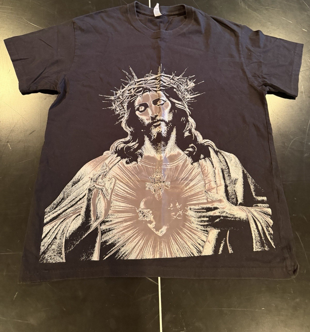 Men’s Black Jesus Religious Graphic Print Crew Neck Cotton T-Shirt, Size L