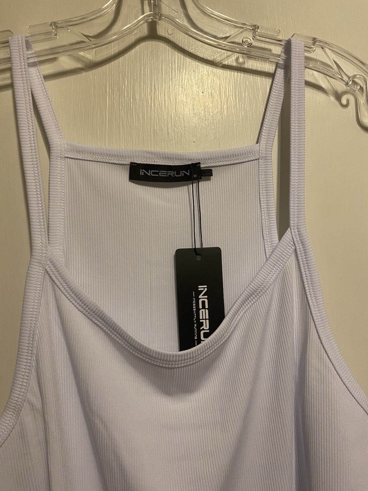 Incerun Men's Scoop Neck Deep Cut Arms Tank Top White Size Medium Stretch NWOT gallery