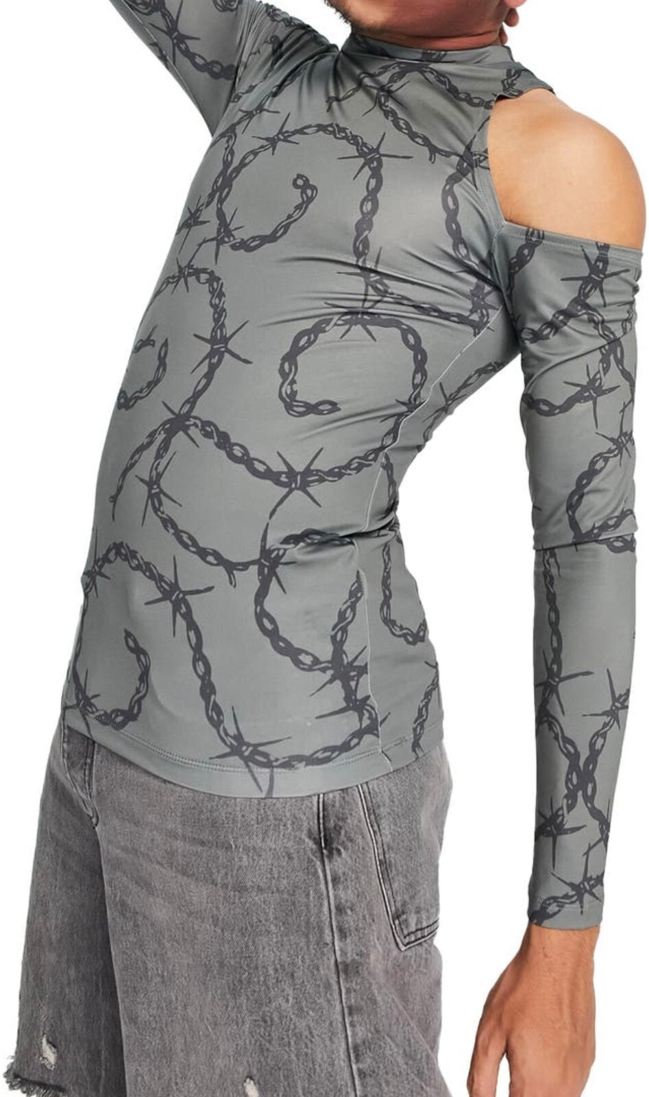 Men’s ASOS Stretch Grey Long Sleeve Fitted Barbed Wire Shirt Size: Medium – NWT