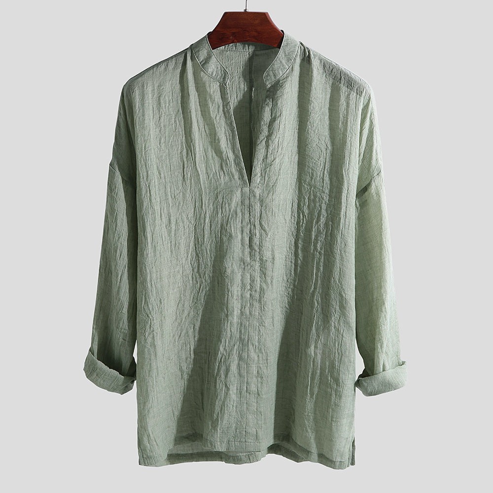 Mens Linen V Neck Long Sleeve Basic Tee T-shirt Casual Tops Blouse M-XXL gallery