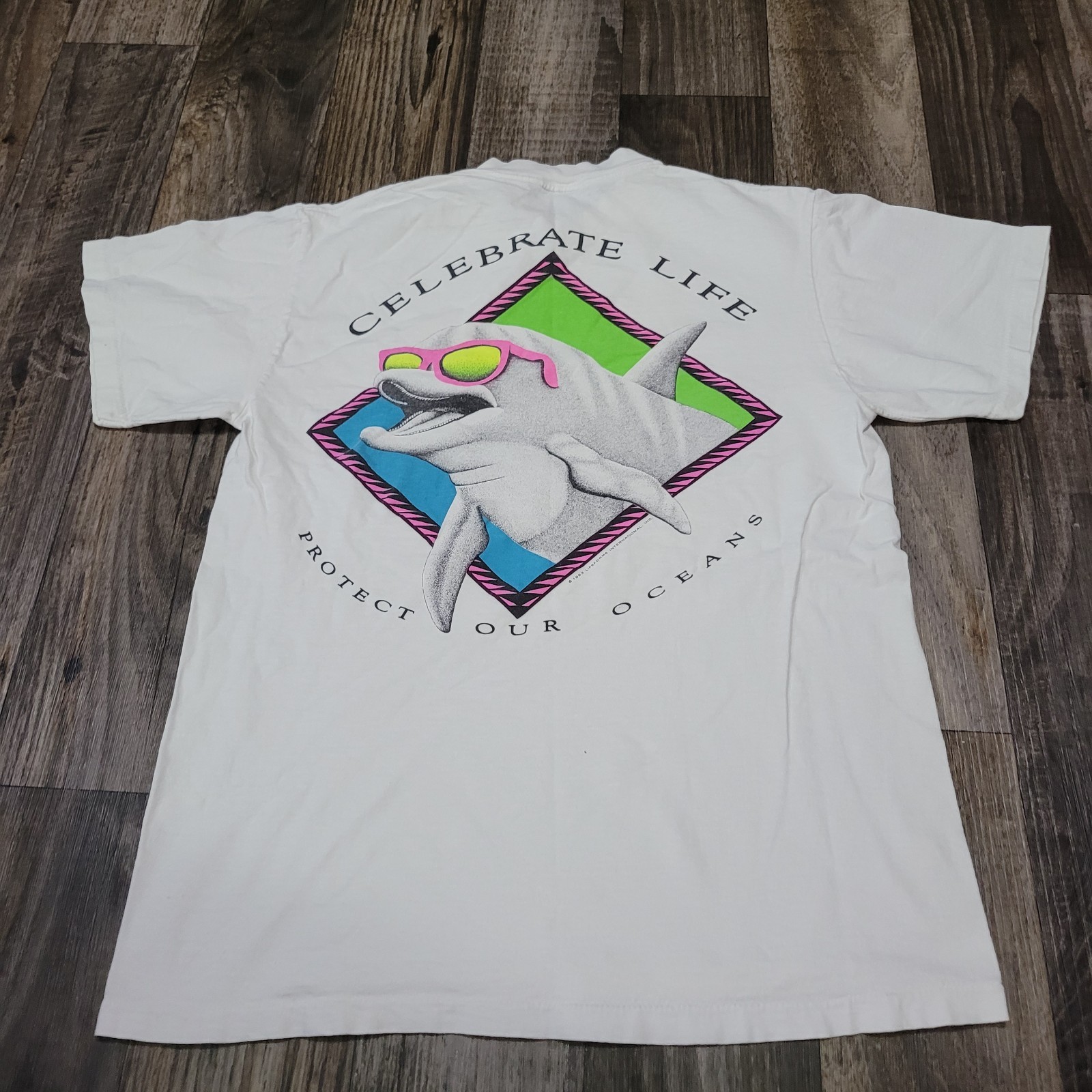Vintage Oneita Lifeforms Dolphins Shirt Mens Medium White Celebrate Life Tee 90s gallery