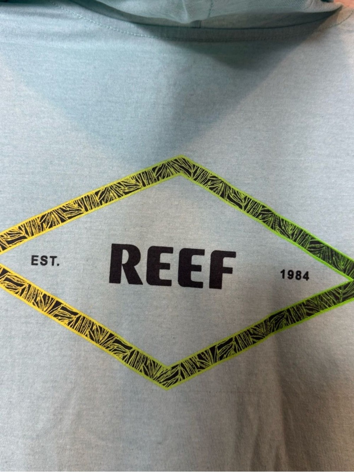 Reef Light Aqua Hoodie Tee with Lime Logo Tab Recycled Cotton Poly Blend size M gallery