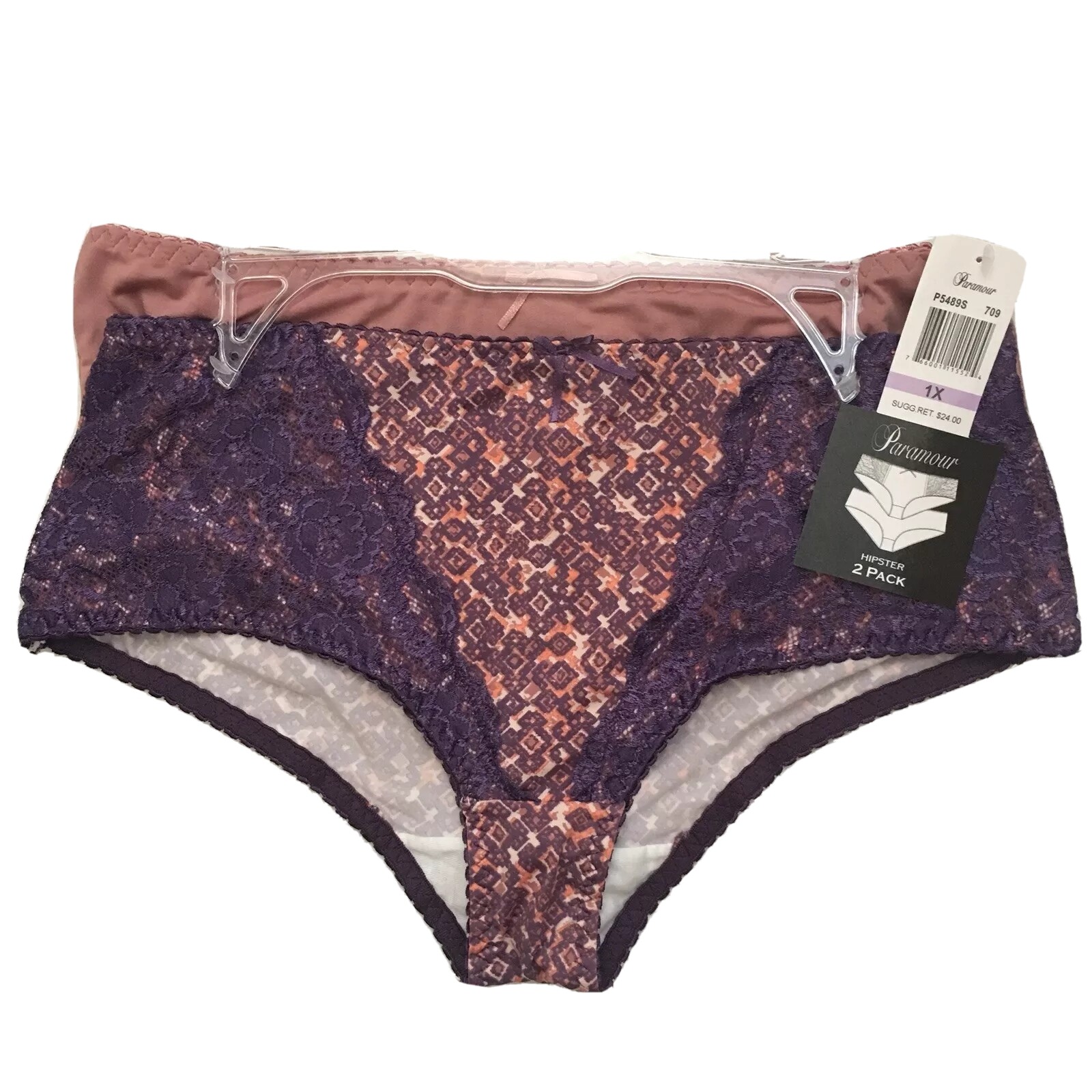 2 Pair Plus Size 2X (9) Hipster Panties, Purple, Lace, Gift, Paramour, MPO