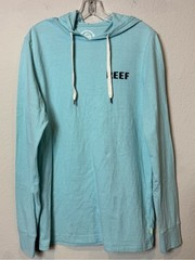 Reef Light Aqua Hoodie Tee with Lime Logo Tab Recycled Cotton Poly Blend size M