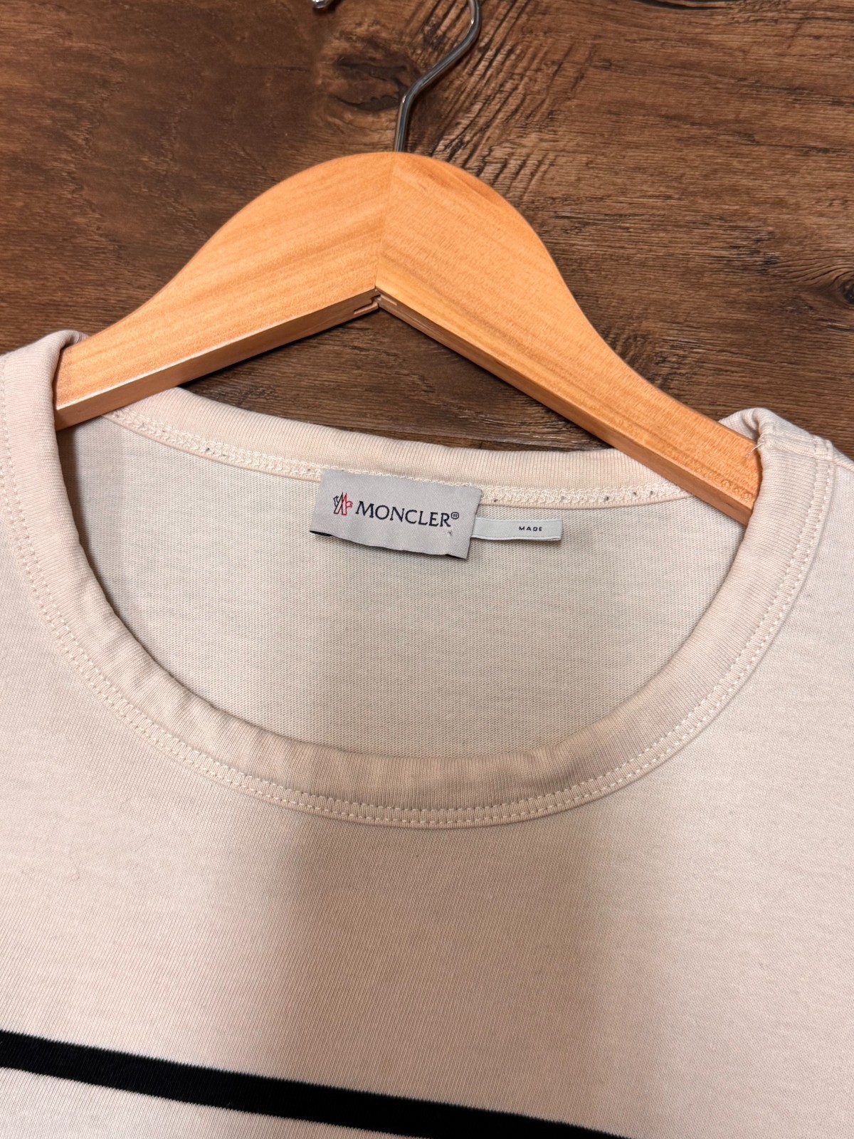 Moncler Top Long Sleeve Cotton T-shirt Mens Off-White with Black Stripe Size XL gallery