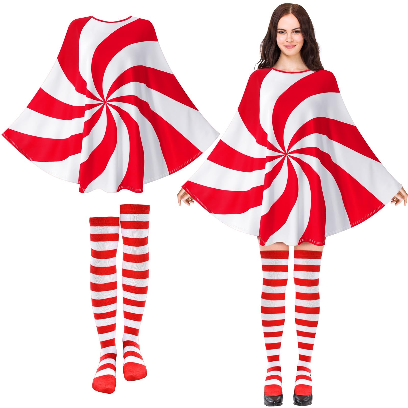 Christmas Candy Cane Present Costume Women Holiday Poncho Thigh High Sock gallery