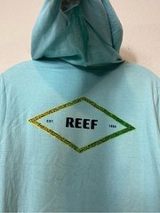 Reef Light Aqua Hoodie Tee with Lime Logo Tab Recycled Cotton Poly Blend size M