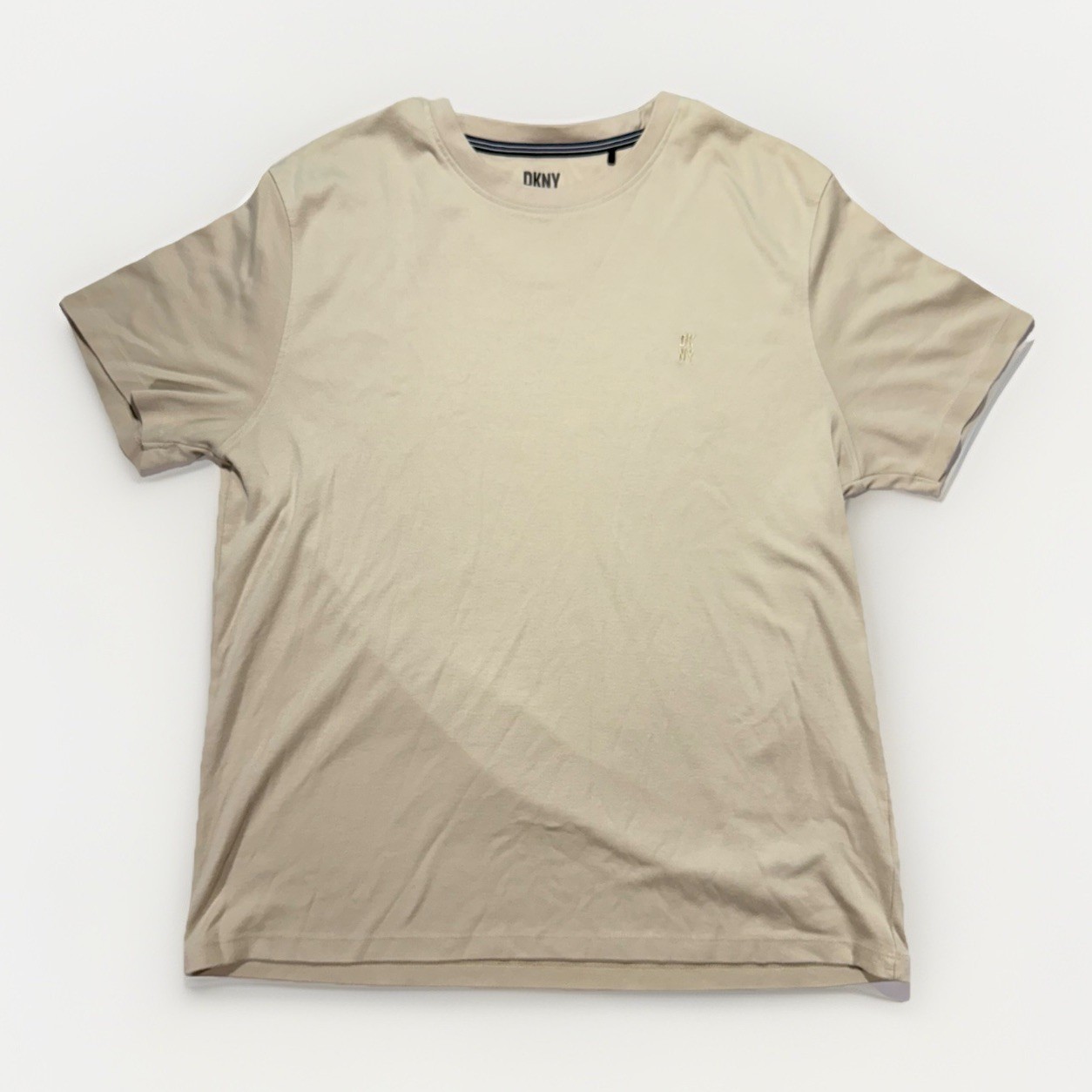 DKNY Men's Crew Neck Short Sleeve Beige Tan Graphic Logo Tee T-Shirt Size Lg gallery