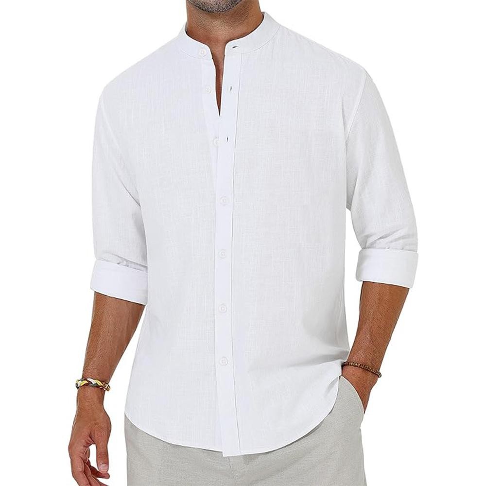 Linen Shirt Men's Stand Collar Long Sleeve Chinese-style Cotton Loose Casual Top gallery