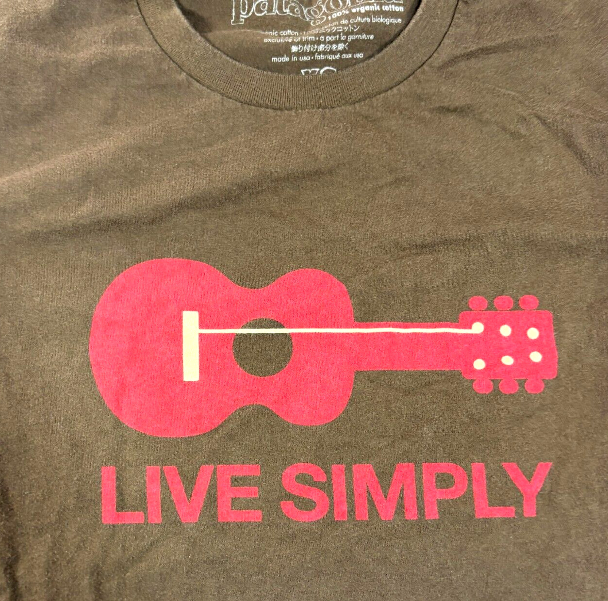 Patagonia Live Simply Shirt Brown Organic Cotton Red Guitar Crewneck Tee XS gallery