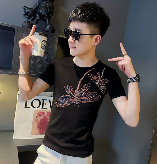 New Men Luxury Rhinestones Dragonfly Fashion Black White T-Shirt High Quality gallery