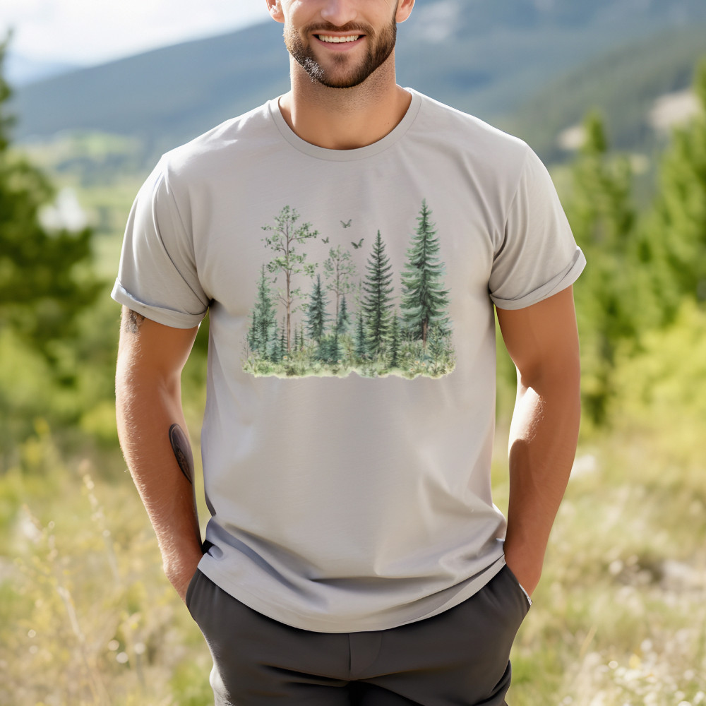 Forest Trees Shirt Watercolor Pine Nature Landscape Birds Tshirt gray gallery