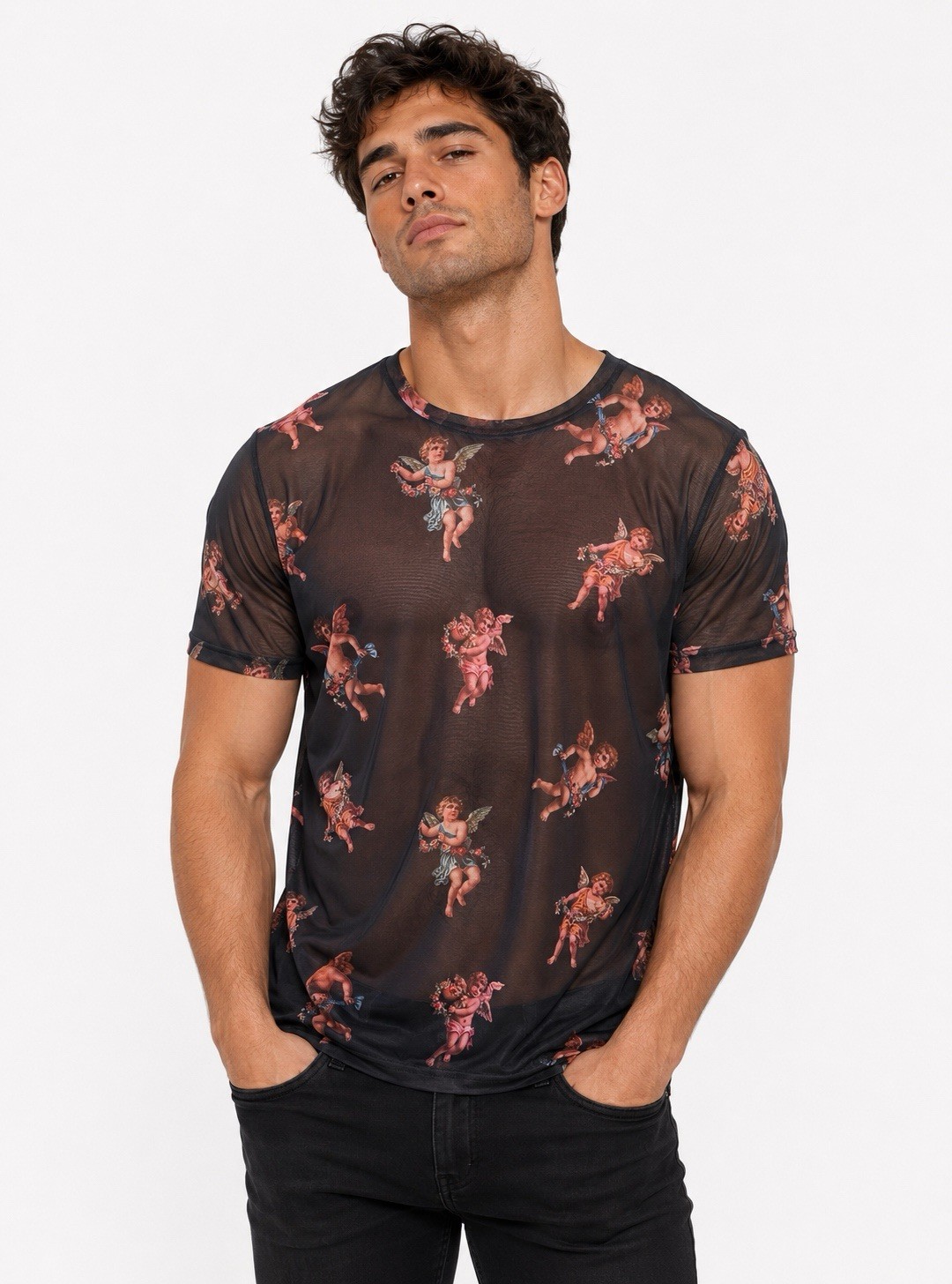 Shein Shirt Semi Sheer Cherub Angel Print Medium Mens Black Club wear Street