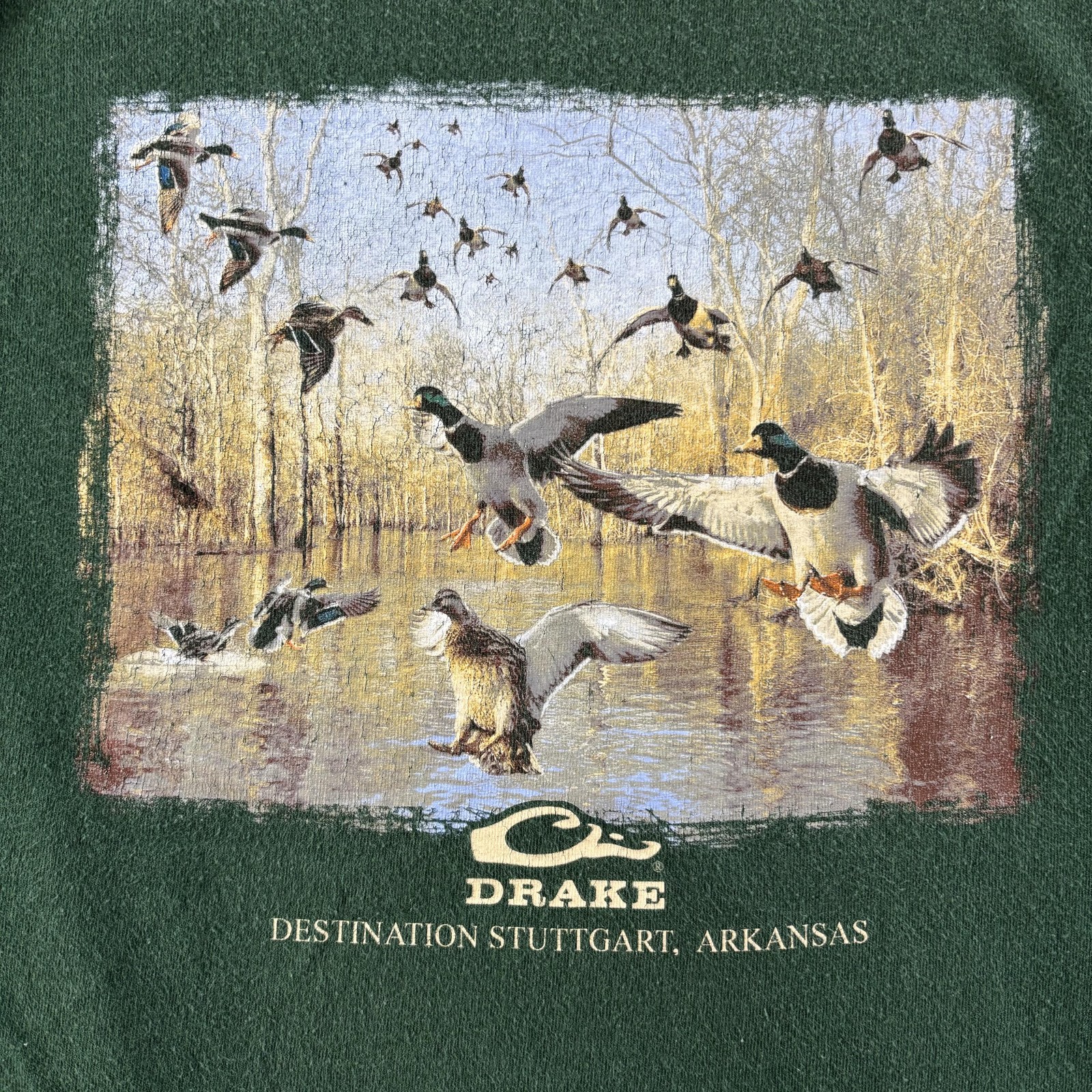 Drake Shirt Mens Large Green Destination Stuttgart Arkansas Ducks Hunting Cotton