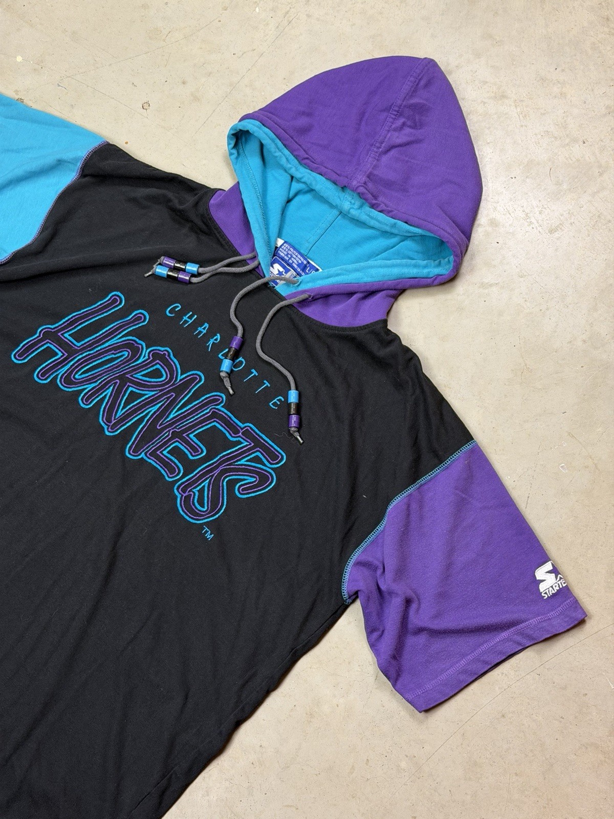 VTG 1990 NBA Charlotte Hornets Double Hood Starter Tee Made In Korea Large gallery