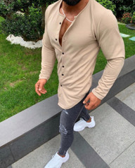 Mens Long Sleeve Solid Color Cardigan T-Shirt Casual Single Breasted Fashion Top
