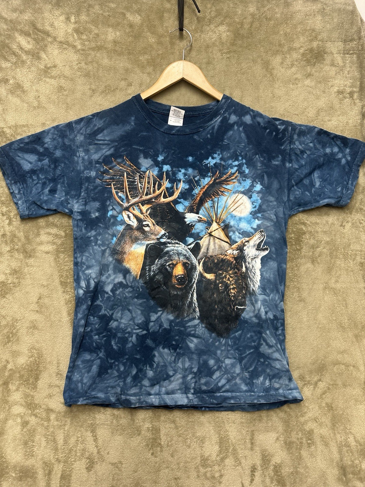VTG Gildan Medium Short Sleeve Shirt Blue Tie Dye Bear Nature Animals Y2K