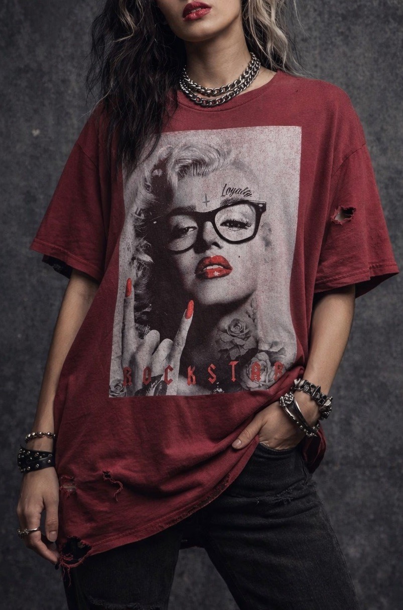 Y2K Rockstar XL Graphic Tee Red Edgy Tattoo Model Grunge Distressed Oversized gallery