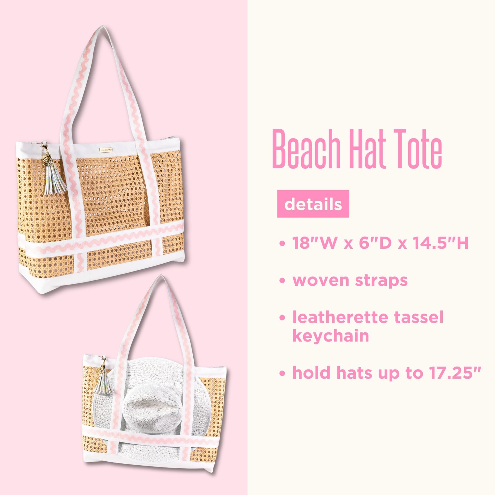 Large Travel Tote Bag with Hat Holder Strap, Caning Beach Bag with Tassel Key... gallery