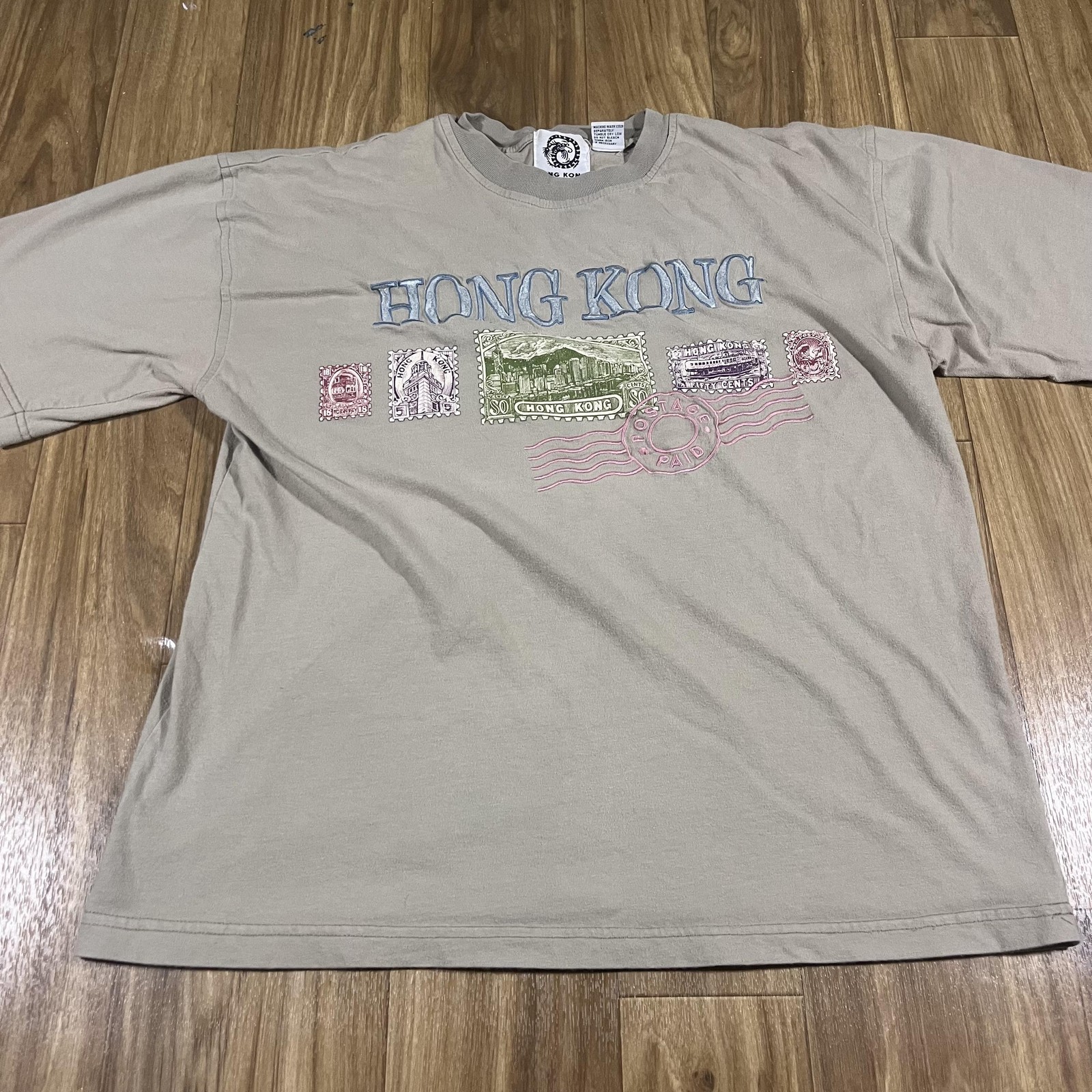 Vintage Hong Kong Shirt Mens XL Beige Embroidered Stamp Graphic Tourist Tee 90s gallery