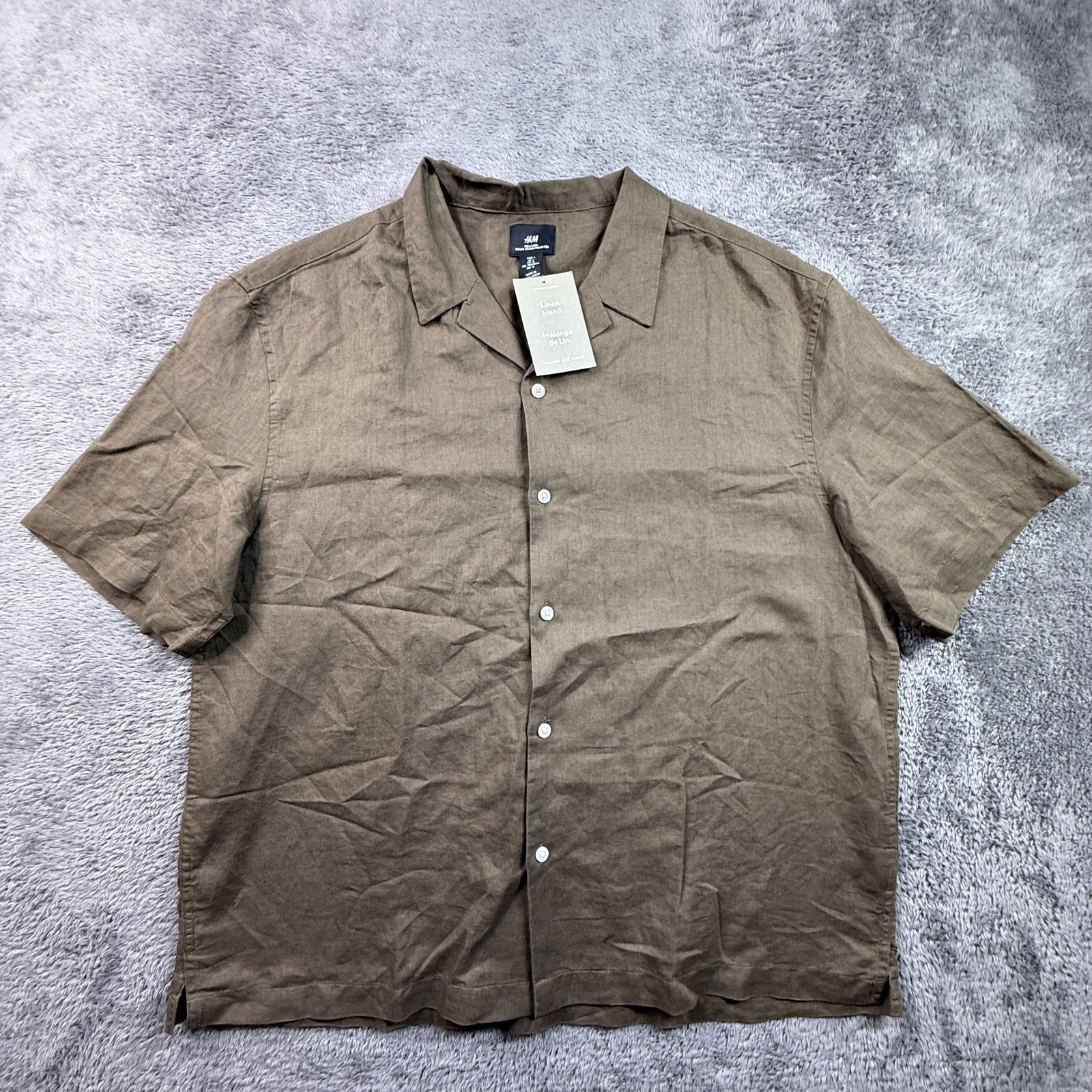 HM Men's L Linen Blend Button Up Short Sleeve Shirt Taupe Relaxed Boxy Fit gallery