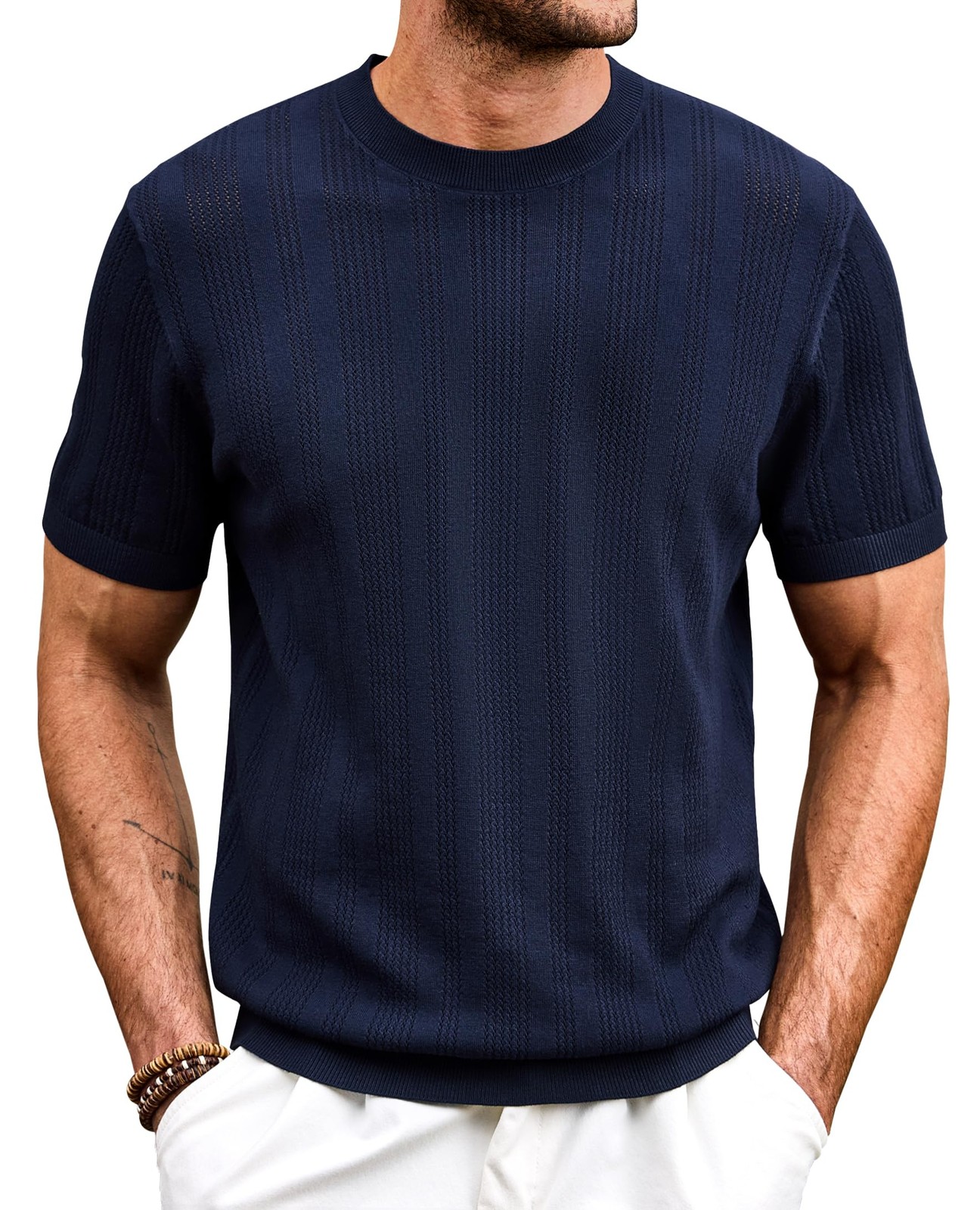 Mens Knit Tshirt Stylish Trendy T-Shirt Breathable Spring Shirts Crochet Vint... gallery