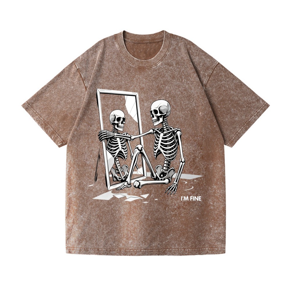 Funny Sarcastic "I'm Fine" Skeleton Graphic Washed Streetwear T-Shirt gallery