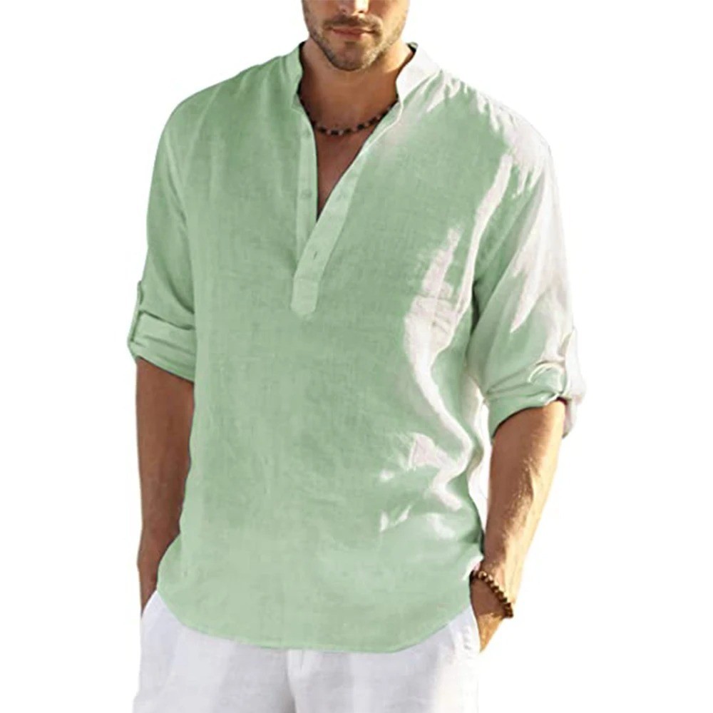 New Men's Casual Blouse Cotton Linen Shirt Loose Tops Long Sleeve Tee Shirt Spri gallery