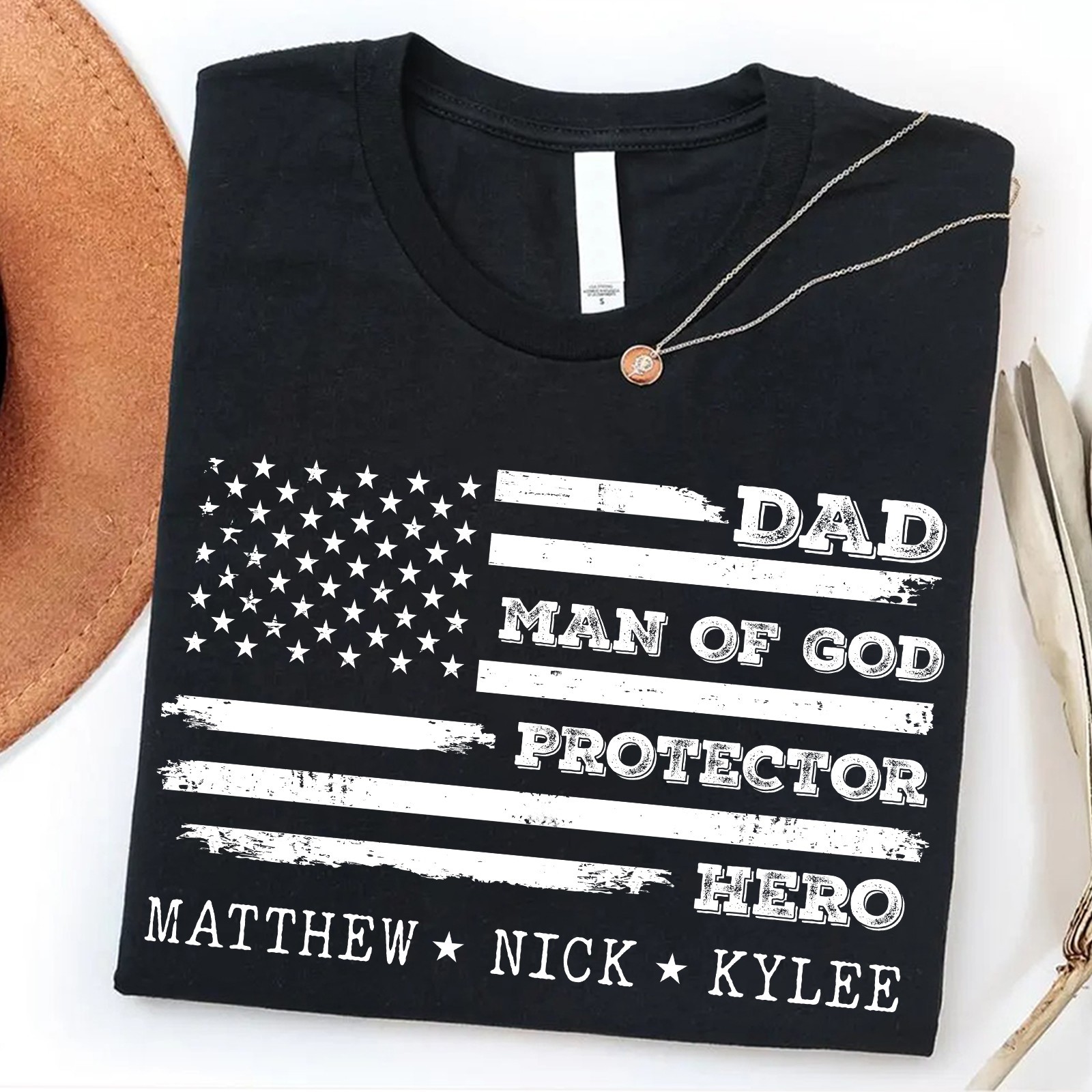 Personalized Dad Man of God Shirt Kids Name Protector Hero USA Flag Fathers Gift