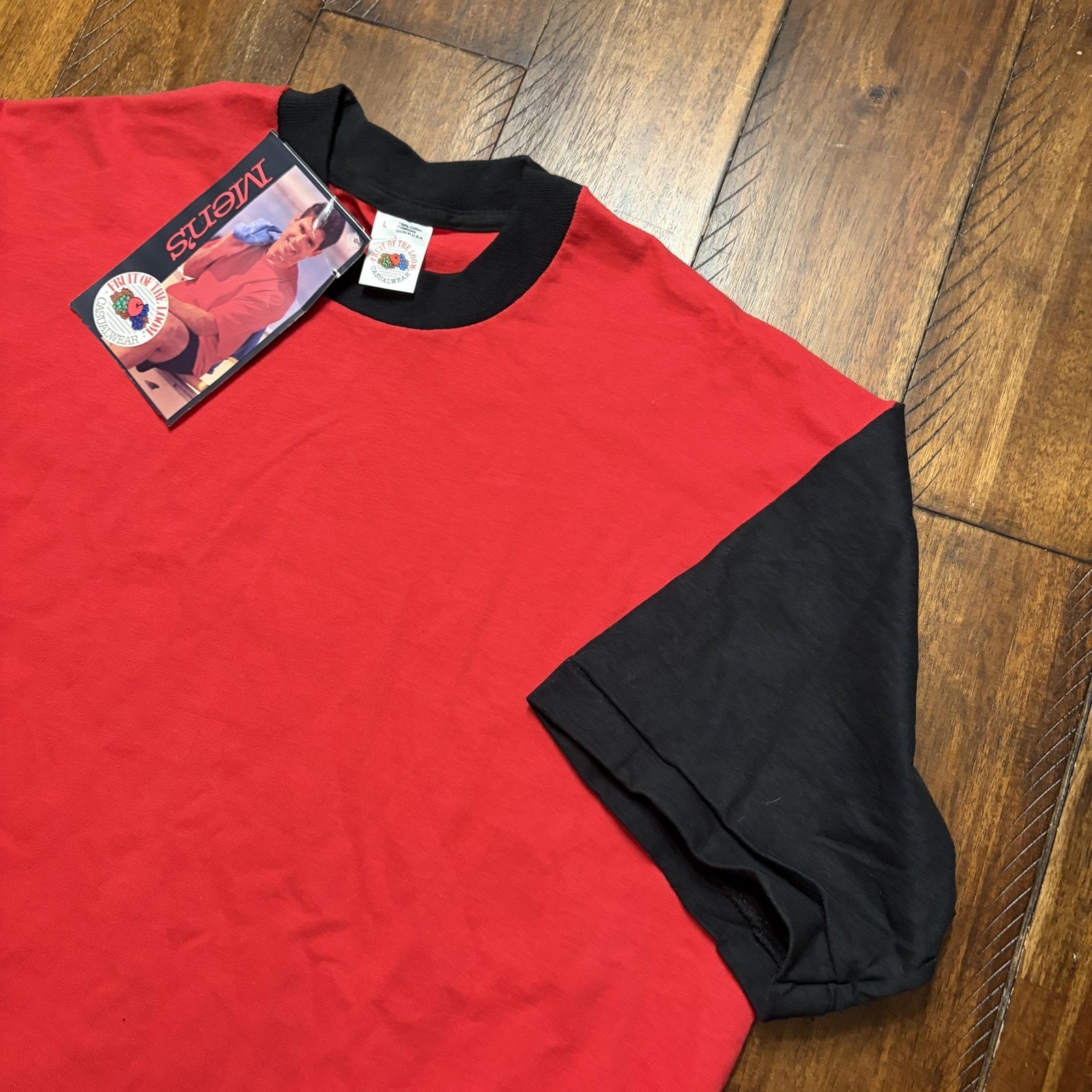Vintage Fruit Of The Loom Shirt Mens Large Red Black Colorblock Tee Made USA 90s gallery