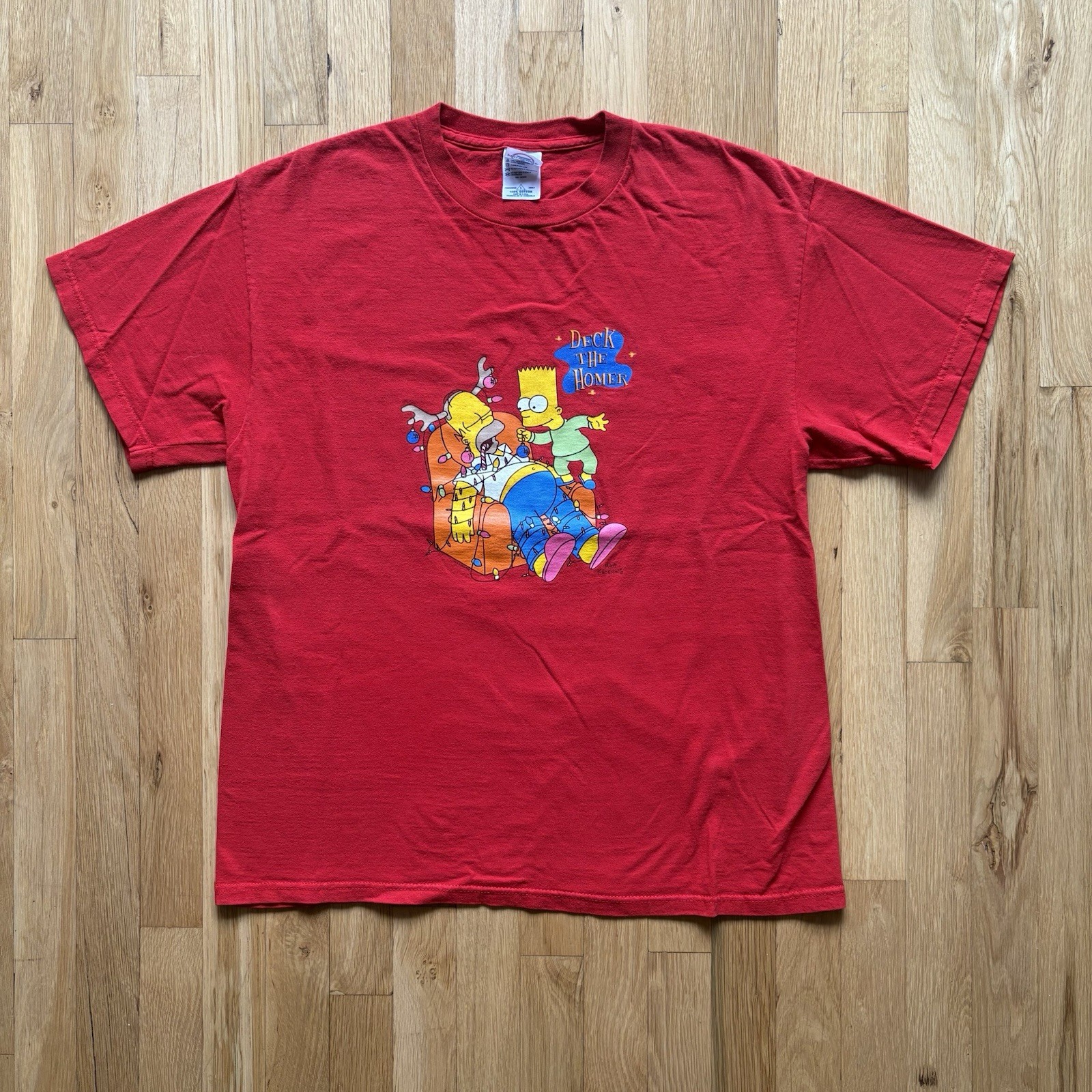 Vintage 90s Simpsons Deck The Homer T-Shirt Mens Large Red Christmas Cartoon Tee