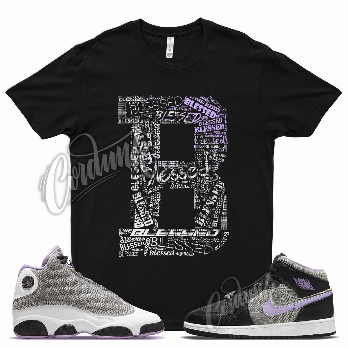 BLESSED T Shirt for J1 1 Mid SE GS Houndstooth Lilac Silver Plaid Violet 13