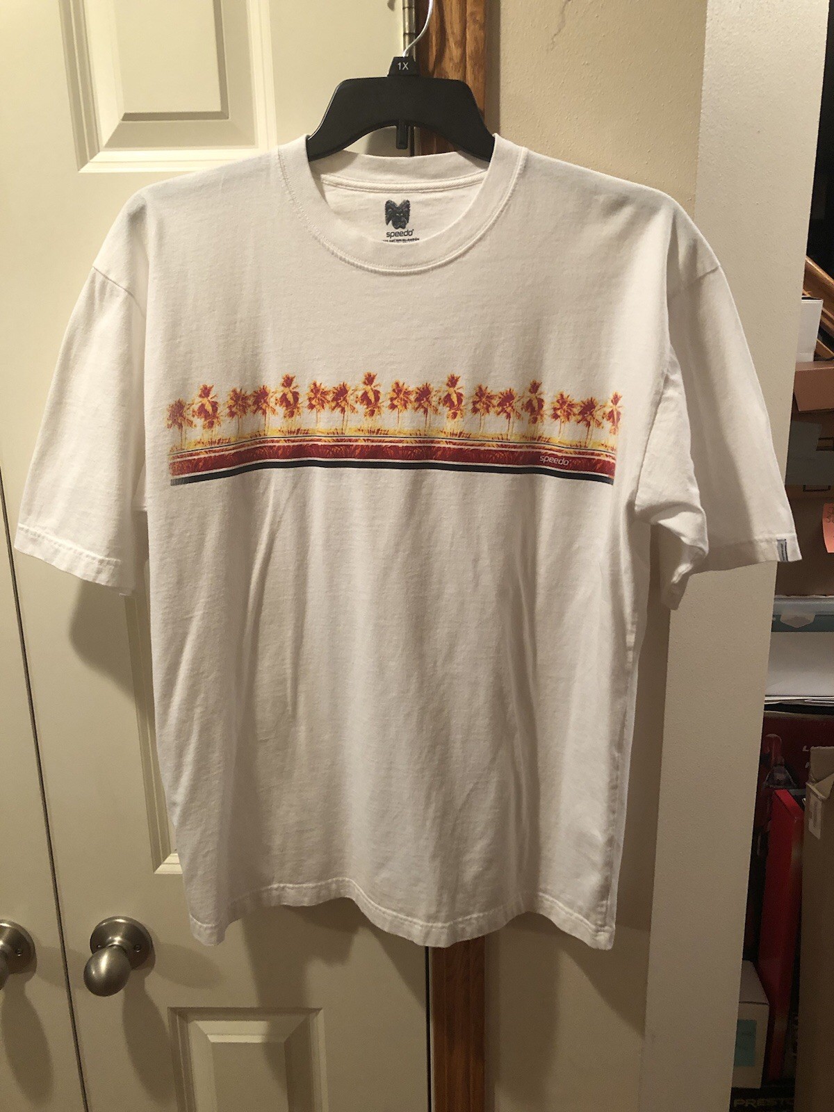 Vintage Speed-O Brand 2 Sided Printed Short Sleeve T-Shirt White W/ Multi Colors