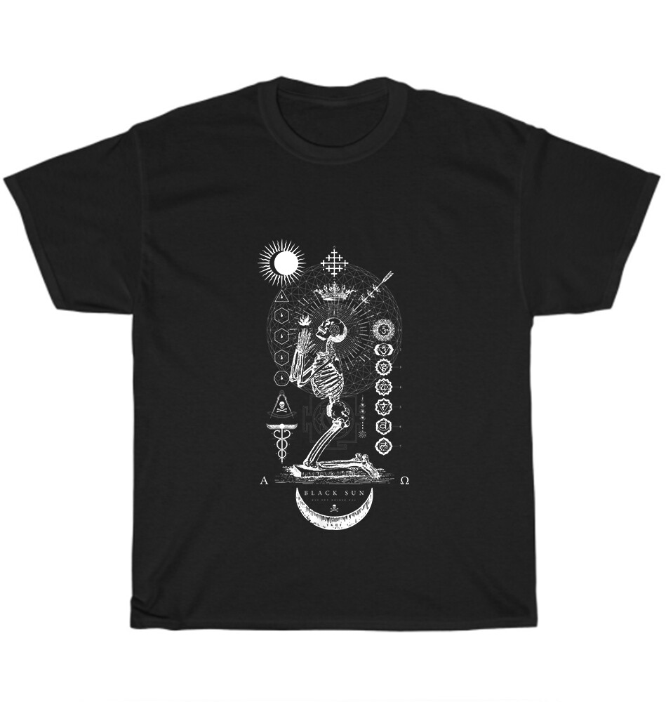 Praying Skeleton Black Sun Occult Sacred Geometry Satan T-Shirt Unisex Tee Gift