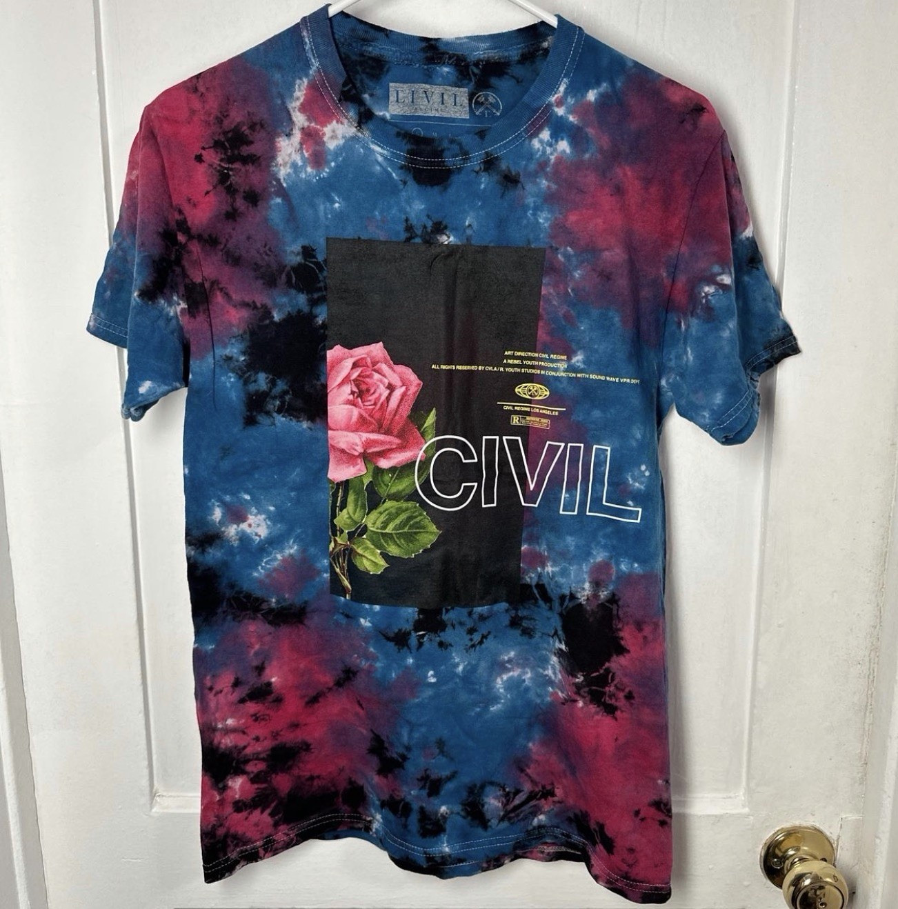 Civil Men’s S Blue/Pink/Black Tie-Dye Logo Graphic Crew Neck T-Shirt gallery