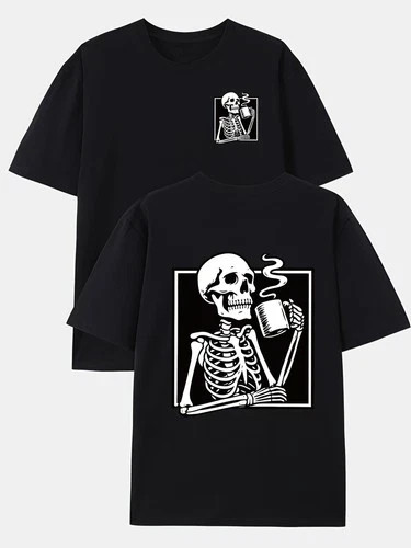 Skull Coffee, Bone Pattern Double-Sided Print Men's Fashion Trendy T-Shirt gallery