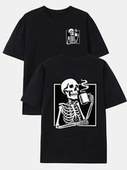 Skull Coffee, Bone Pattern Double-Sided Print Men’s Fashion Trendy T-Shirt