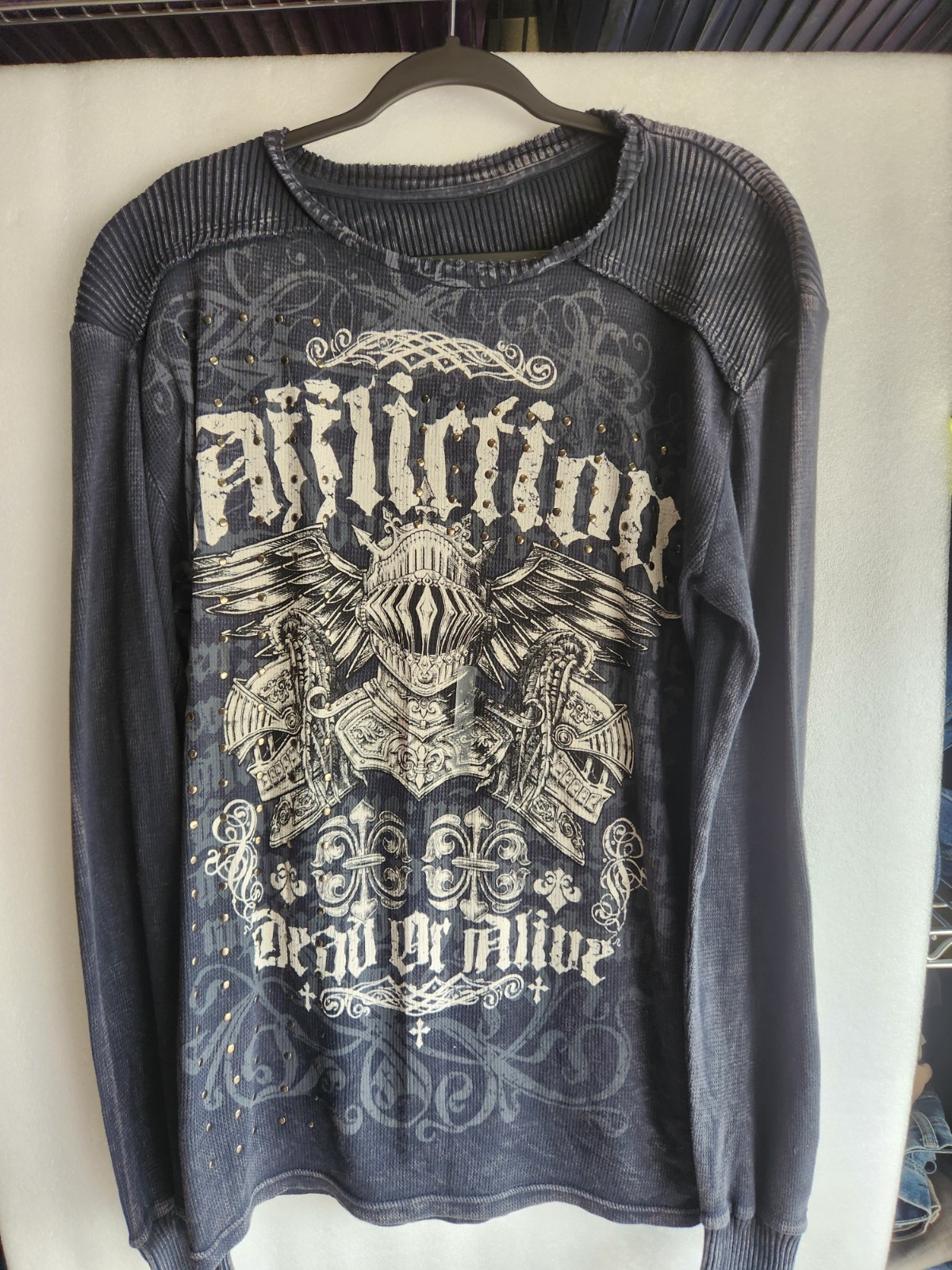 Affliction Dead or Alive Blue ThermalKnit Studded shirt Mens Sz L Biker Grunge gallery