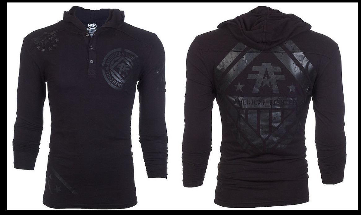 AMERICAN FIGHTER Black on Black AVERETT Long Sleeve Henley Hoodie T-shirt NWT