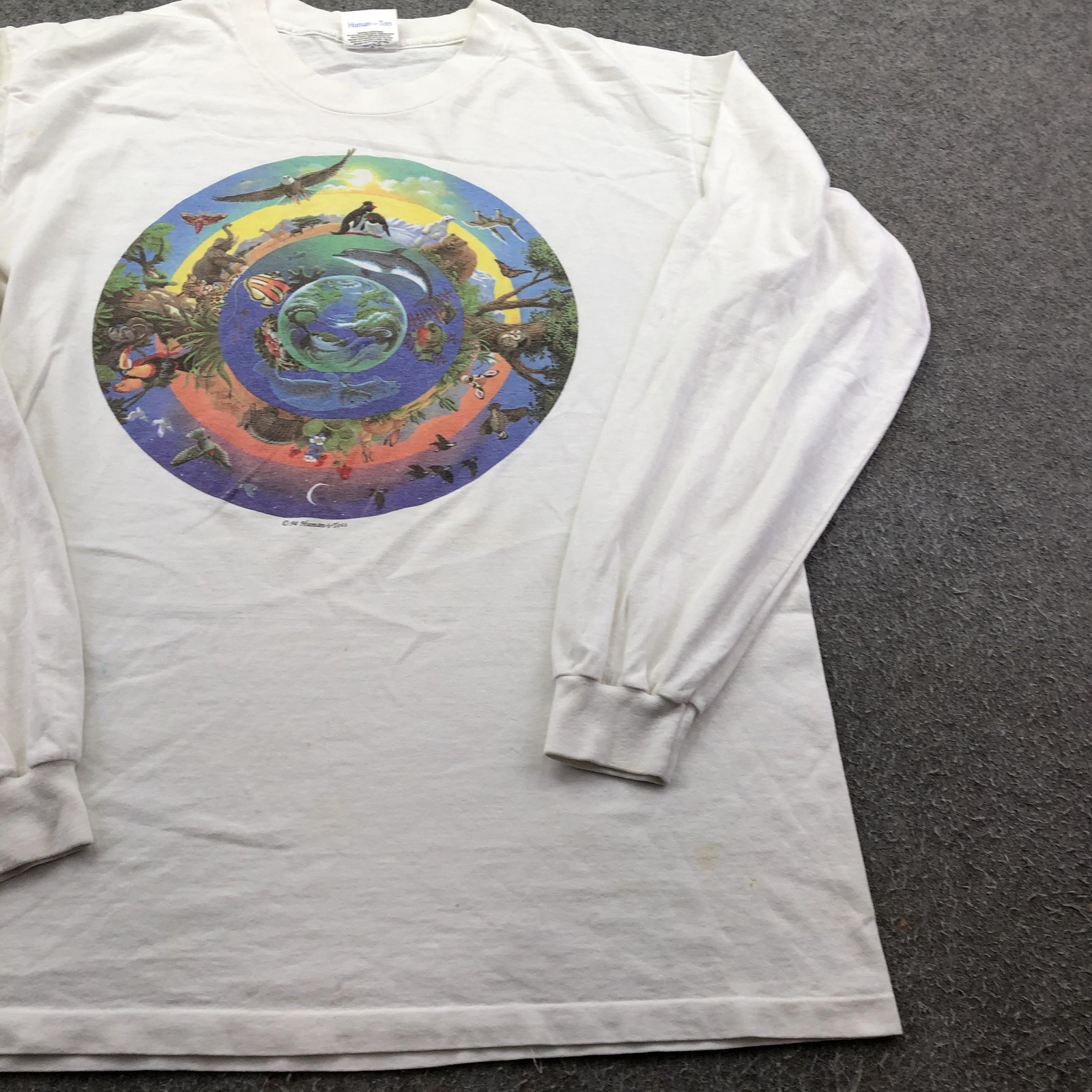 Vintage Human-i-Tees Shirt Mens Large White Nature Animal Earth Long Sleeve 90s gallery