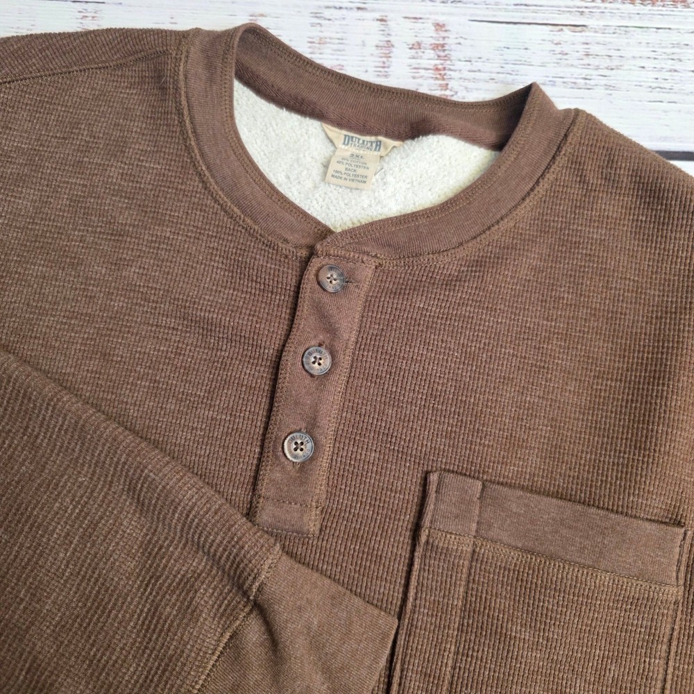 Duluth Trading Co Burly Thermal Henley Shirt Brown Sherpa Lined 2XL 73258 Mens