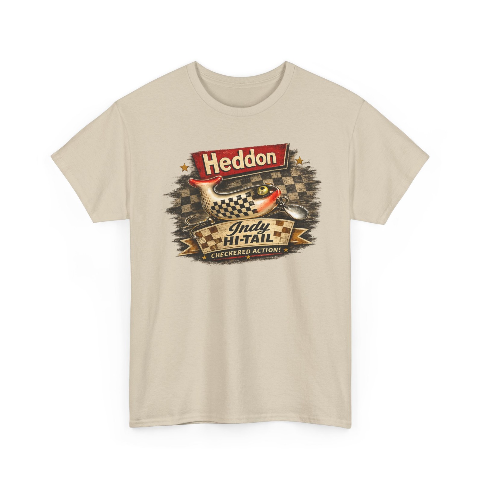 Heddon Indy Hi-Tail Fishing Vintage Lure Checkered Flag Action T-Shirt