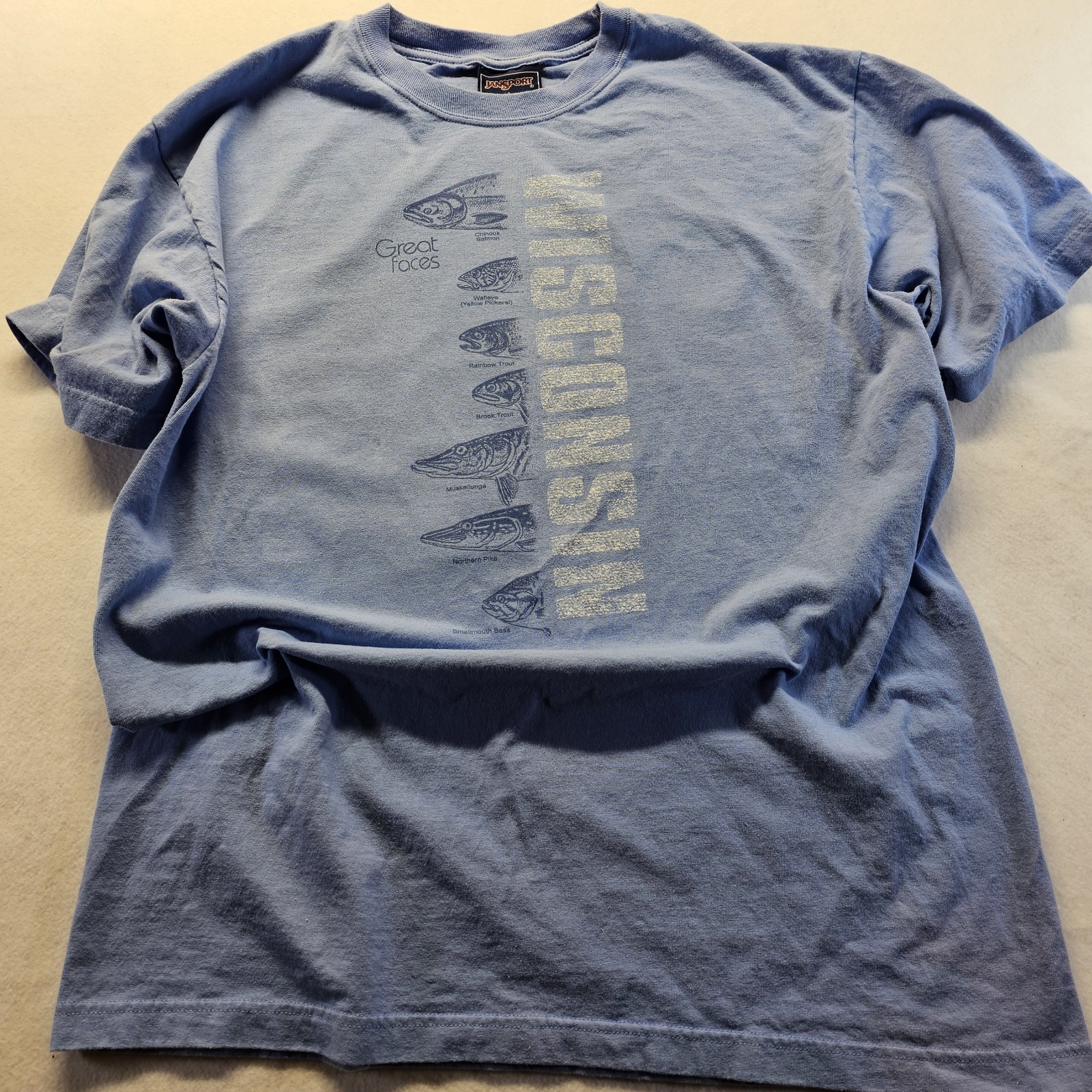 Vtg Jansport Fish Of Wisconsin Graphic T Shirt Mens L Blue Nature Outdoors Tee