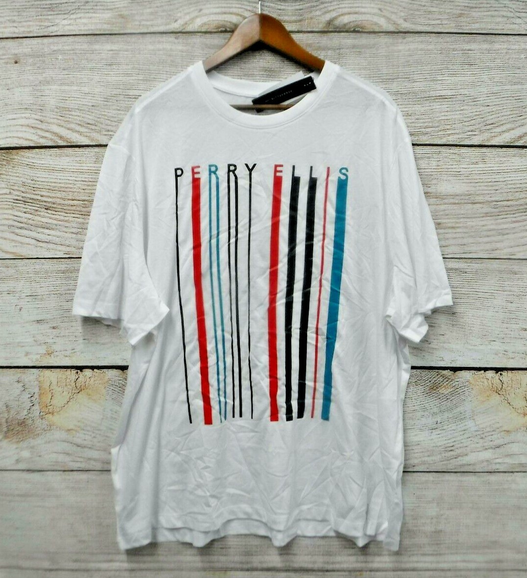 Perry Ellis T-Shirt Mens Size 2XLT (57″ Chest) Running Letter Bar Code Shirt New