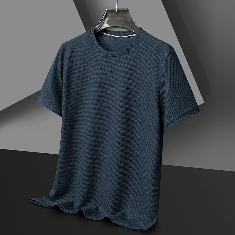 New Summer Waffle Round Neck Short Sleeved T-shirt for Men's Short Sleeved Top gallery